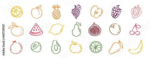 Fruit icons chalk hand drawn doodle set. Drawing crayon fruit