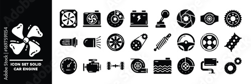 Set of Solid Car Engine and Automotive Part Icons.