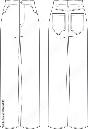with pockets high mid rise waist straight denim jean pant trouser template technical drawing flat sketch cad mockup fashion woman design style model 
