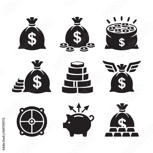 Collection of finance and money icons including money bags, piggy bank, stacks of coins, and gold isolated on white background