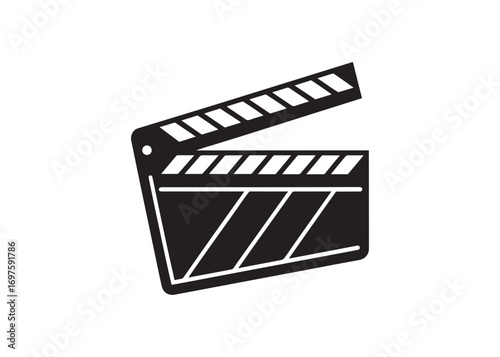 Open film clapperboard in black silhouette on a white background graphic.
