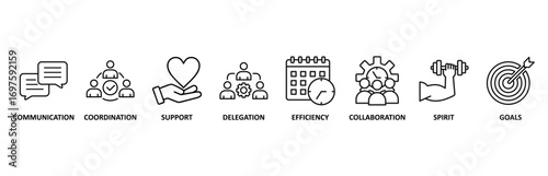 Working together icon set vector illustration for communication, coordination, support, delegation, efficiency, collaboration, teamwork, spirit, goals