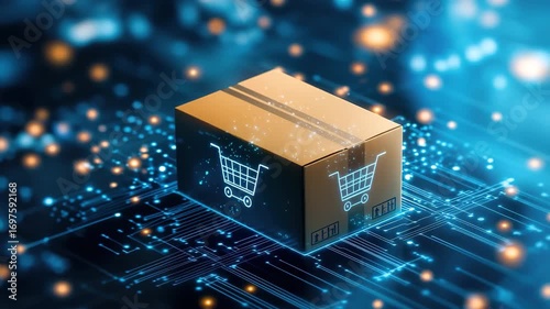 Ecommerce package box with shopping cart icon digital circuit background, glowing lights, online shopping, futuristic technology, fast delivery