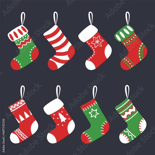 Christmas socks. Vector set isolated on black background.