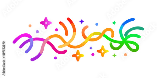 Colorful abstract confetti and streamers decoration on black background with stars and dots