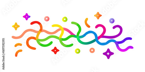 Vibrant rainbow gradient confetti and streamers with starbursts and circles on black background