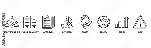 Ipo icon set vector illustration for initial public offering with icon of crowdfunding, public company, approved, investor, trust, equity, stock and risk