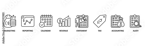 Fiscal year icon set vector illustration for budgeting, reporting, calendar, revenue, statement, tax, accounting, audit