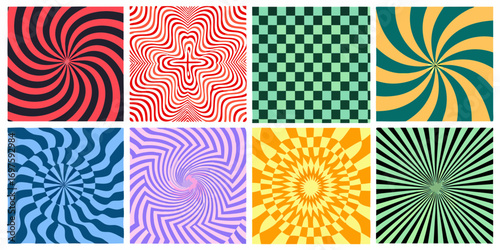 Collection of eight abstract geometric patterns with optical illusions and vibrant colors