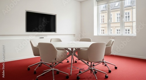Modern Meeting Room with Round Table and Chairs, Bright Natural Light