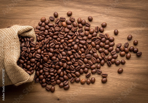Aromatic roasted coffee beans spilling from a burlap sack onto a rustic wooden background, top view