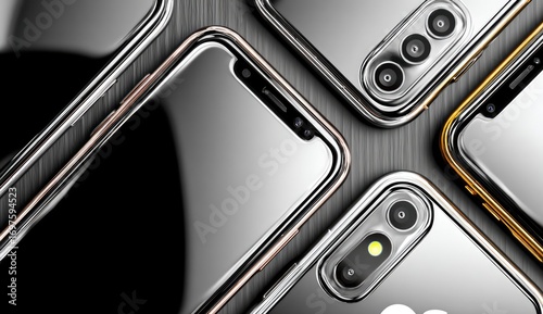 Several modern smartphones in silver and gold, angled and overlapping, against a dark textured background