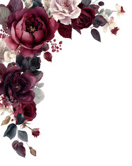 Watercolor dark red, burgundy, marsala, and black roes floral border, vintage ictorian gothic style. Botnical corner frame. PNG clpart.