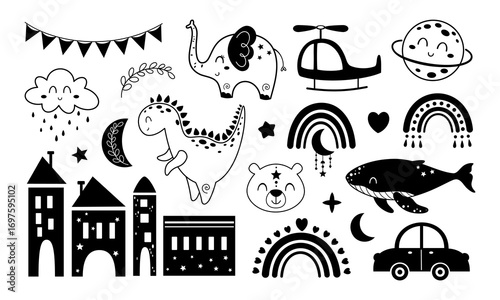 Boho baby clipart set for newborn boys in black and white color. Baby shower doodle, Nursery design, Bohemian vector illustration.