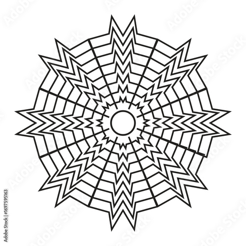 Abstract Geometric Mandala Flower Pattern Vector, Black and white abstract geometric mandala flower design with radial symmetry and decorative line art. Perfect for backgrounds, ornaments, textile 