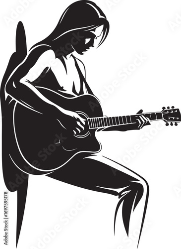 Vector art of silhouette of a woman playing an acoustic guitar, captured in a dynamic pose against a stark background, highlighting her musical passion