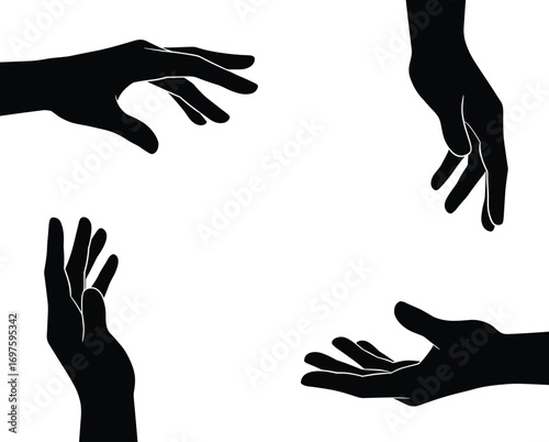 Silhouette of human hands vector illustration, gesture icons set, open palm and reaching hand design, communication symbol, helping concept, creative graphic art