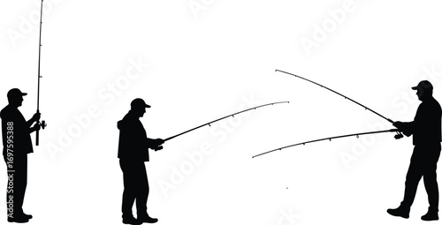 Men fishing silhouette vector illustration, anglers with fishing rods, outdoor recreation activity, river lake sport concept, leisure hobby, fisherman lifestyle design graphic