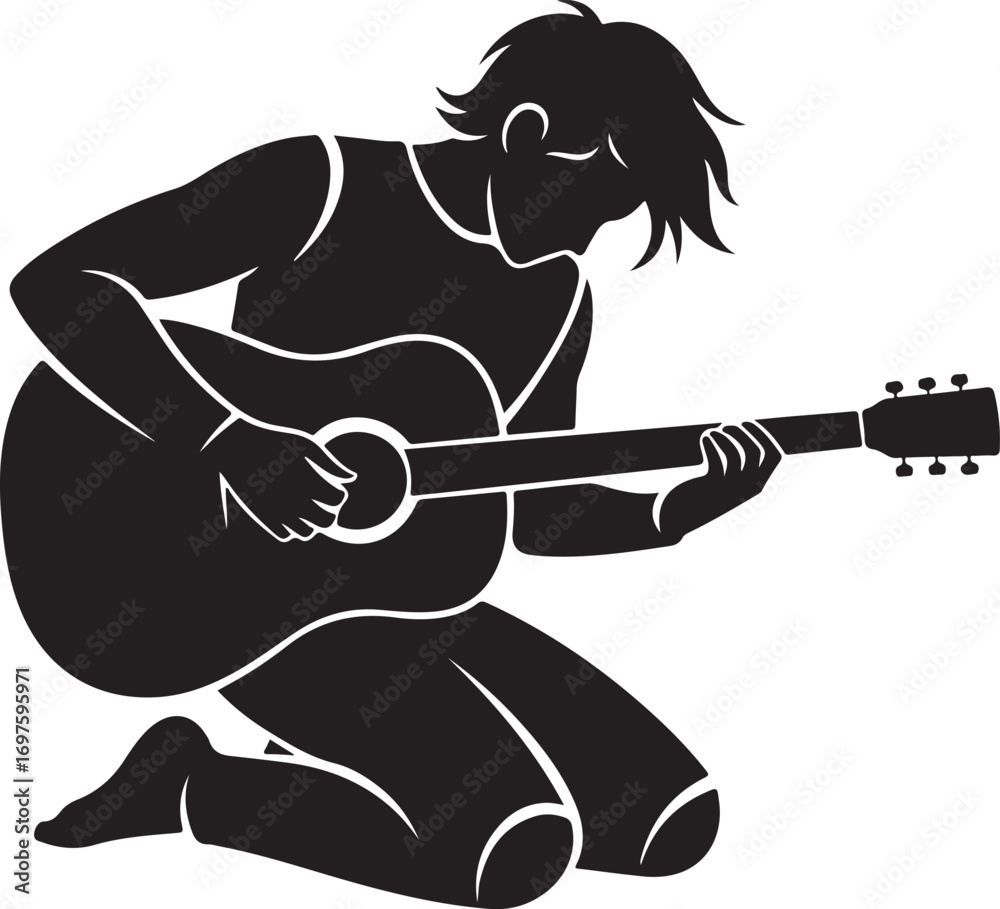 Fototapeta premium Vector art of silhouette of a person kneeling and playing an acoustic guitar