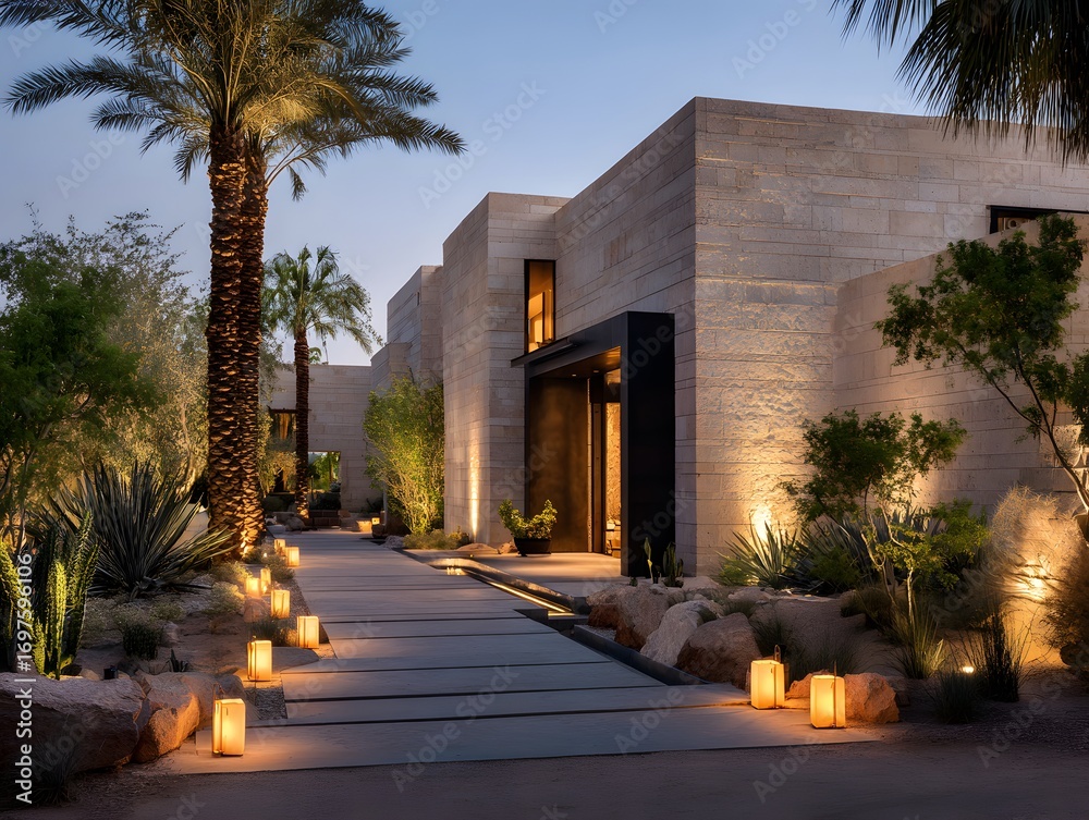 Fototapeta premium Modern Sandstone House with Lanterns and Palm Trees at Dusk