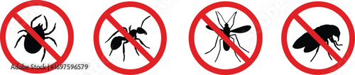 Pest control warning icons, no insects symbols with red prohibition signs, vector silhouette of tick, ant, mosquito, fly, isolated illustration