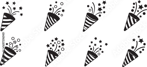 Collection of hand drawn party poppers with confetti and stars
