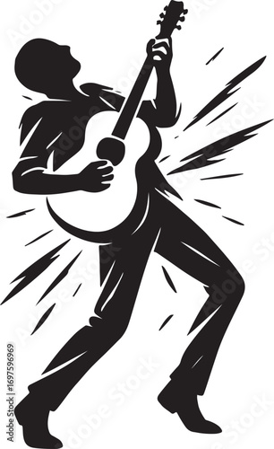 Vector art of silhouette of a musician playing an acoustic guitar with energetic bursts emanating from the instrument
