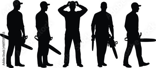 Silhouette vector illustration of workers holding chainsaws, lumberjack figures, forestry equipment, wood cutting professionals, industrial safety, construction tools, tree cutting occupation