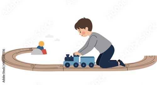 a boy kneeling, wearing a grey long-sleeved shirt and dark blue jogger pants, pushing a blue wooden train engine along a curved track, in the style of a Scandinavian toy-inspired 