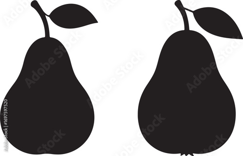Two black silhouettes of pears with stems and leaves