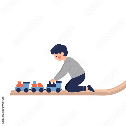 a boy kneeling, wearing a grey long-sleeved shirt and dark blue jogger pants, pushing a blue wooden train engine along a curved track, in the style of a Scandinavian toy-inspired 
