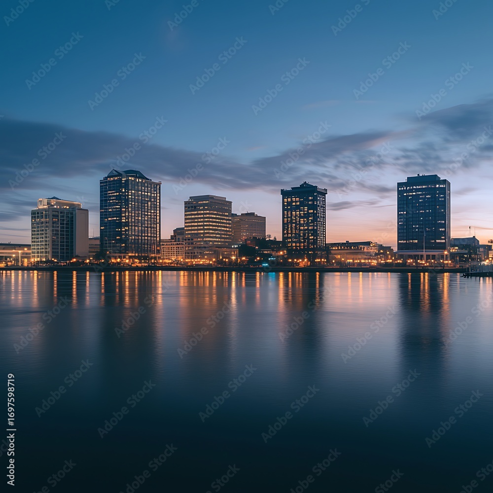 Obraz premium Modern cityscape skyline reflected in calm water at dusk with dramatic clouds and city lights