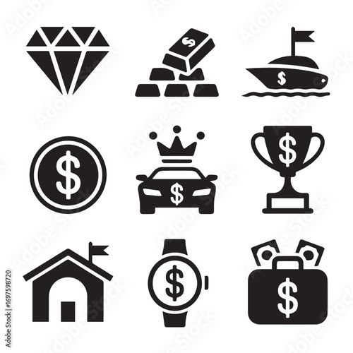Collection of luxury and wealth icons including a diamond, gold bars, yacht, coin, car, trophy, house, watch, and briefcase, isolated on white background