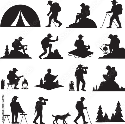 Silhouette Collection of Hiking and Camping Activities Keywords: hiking, camping, tent, backpack