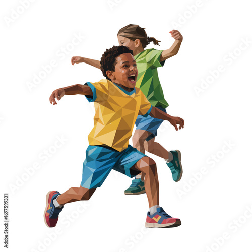 Children enjoying outdoor playtime in colorful outfits while running joyfully on a sunny day