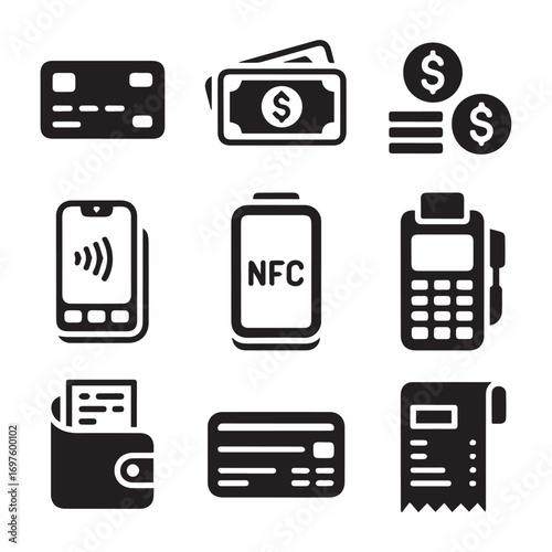 Collection of payment and finance icons including credit cards, cash, coins, mobile payment, nfc, pos terminal, wallet, and receipt isolated on white background