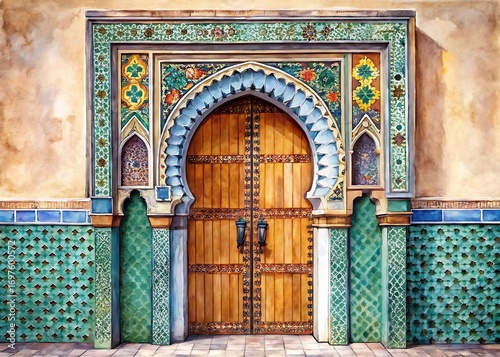 Watercolor painting of a traditional moroccan door with intricate designs and vibrant colors, showcasing the beauty of moroccan architecture