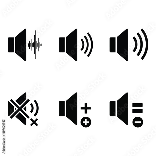 Six silhouette icons representing audio volume control symbols isolated on a white surface vector