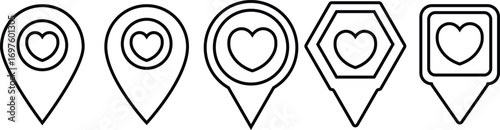 heart shaped map pin symbol representing location and love, set. heart map pointer symbol, black location pin symbol, Map marker pointer icons.
