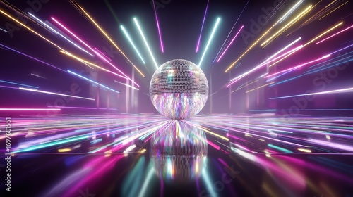 A shiny disco ball reflects vibrant neon lights in a dynamic, futuristic setting, creating a lively and energetic party atmosphere