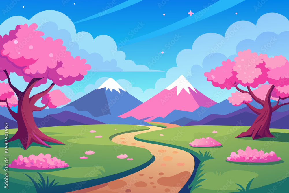 Fototapeta premium Anime-Style Cherry Blossom Meadow Landscape Vector