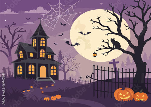 Scary Halloween Landscape with Haunted House Moonlit Sky and Creepy Pumpkins and Bats