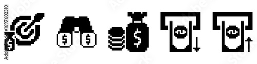 Set pixel finance icon vector for business, accounting, and monetary management. Useful for illustrating a collection of financial tools in a fun, retro, 8-bit aesthetic.