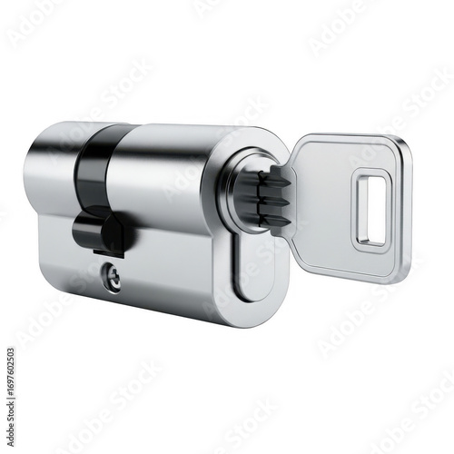 Close up view of a silver cylinder lock with key ready to be inserted and open transparent