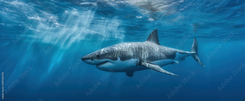 Fototapeta premium The Great White Shark Gliding Through Sunlit Blue Ocean Waters With Calm Majesty