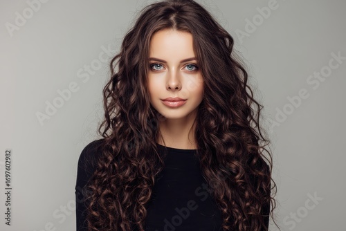 Young woman with long, dark curly hair and blue eyes poses in a black top against a neutral background