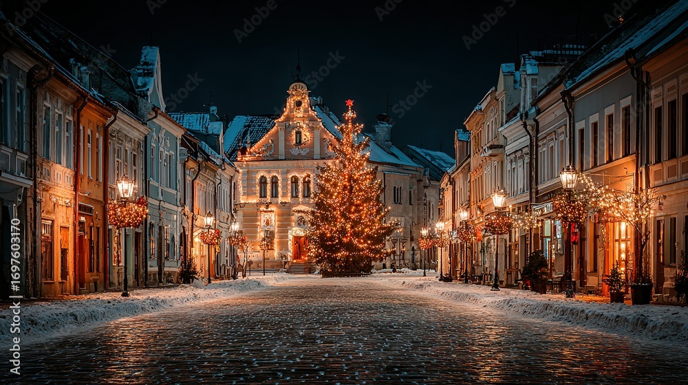 Naklejka premium Christmas tree illuminates a snowy European street at night with buildings.