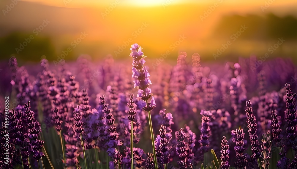 Naklejka premium Background landscape of lavender fields illuminated by sunset