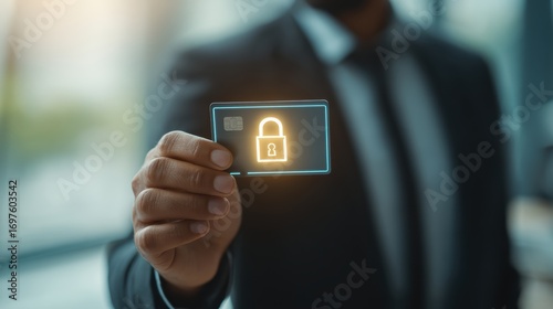 A person in a suit holds a digital card with a glowing padlock icon, symbolizing security and data protection