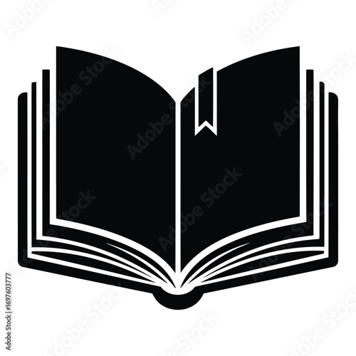 Open book silhouette with bookmark symbolizing knowledge and learning vector